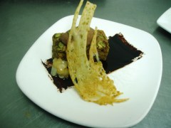 Pumpkin Cake: Jivara Cremeux, Olive Tuile, Chocolate Balsamic