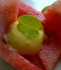 Tomatoes and watermelon are both fruits. The only savory' component of this  dessert is our perception that tomatoes, olive oil, and sorrel are 'savory' ingredients.