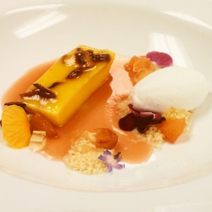 Saffron Panna Cotta, Peach Consomme, Coconut Sorbet