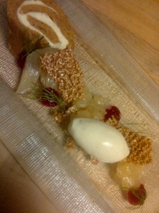 Fall Dessert of Pumpkin Roulade, Mascarpone-Pear Cream, Brown Butter Gelato, and Honey-Sesame Tuile