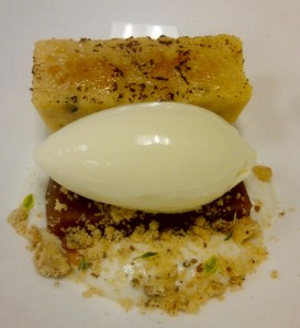 Caramelized Bread Pudding with Apple Terrine and Lemon Thyme Gelato