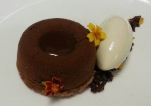 Chocolate Mousse with Chestnut Dacquoise, Cocoa Nibs, and Chestnut Honey Gelato
