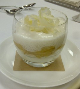 Poached Pears with Whipped Ricotta Panna Cotta, Almond Cake, Pear-White Balsamic Sorbet, and Honey Foam