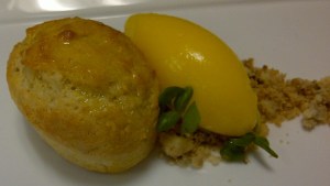 Olive Oil-Polenta Cake with Candied Olive Shortbread and Tangerine Sorbet