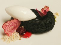 Beet Cake, Coconut Sorbet, Rose Syrup